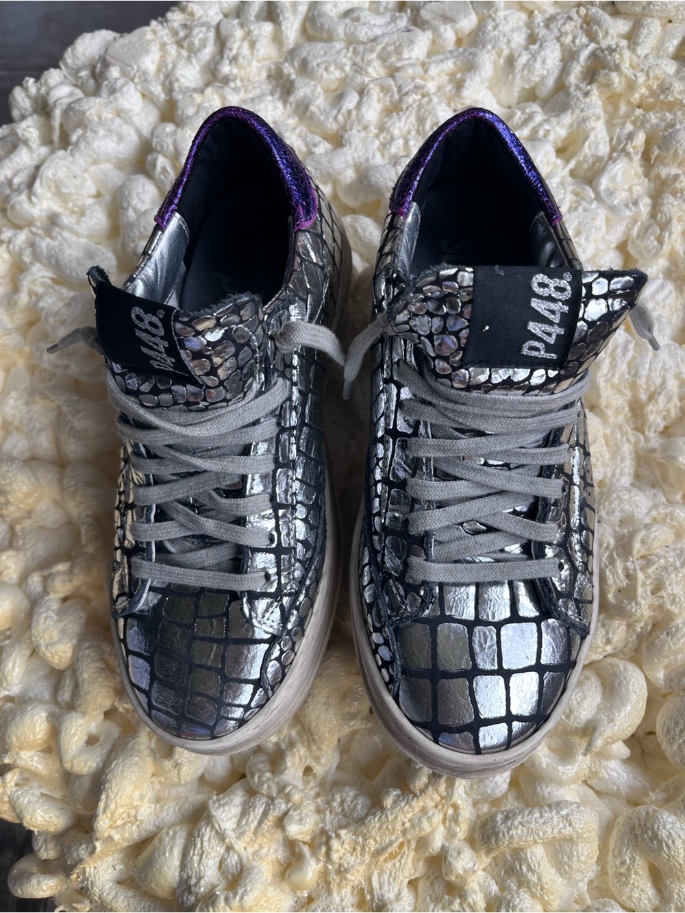 P448 Silver Croc-Embossed Sneakers with Purple Lining
